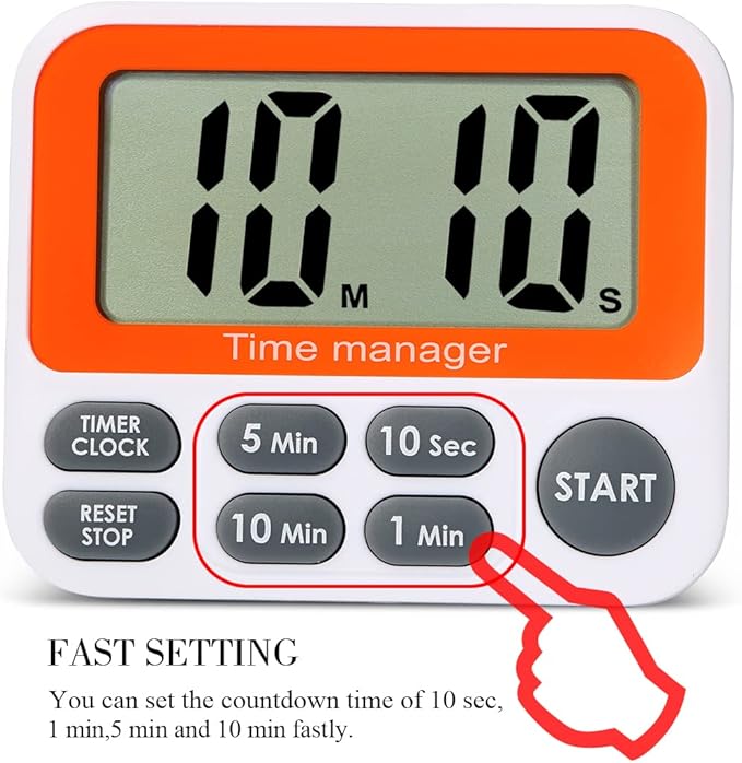 Digital Countdown Kitchen Timer - Count Up Down Magnetic Timer Clock with Loud Alarm Fast Setting for Cooking Baking Gym Students