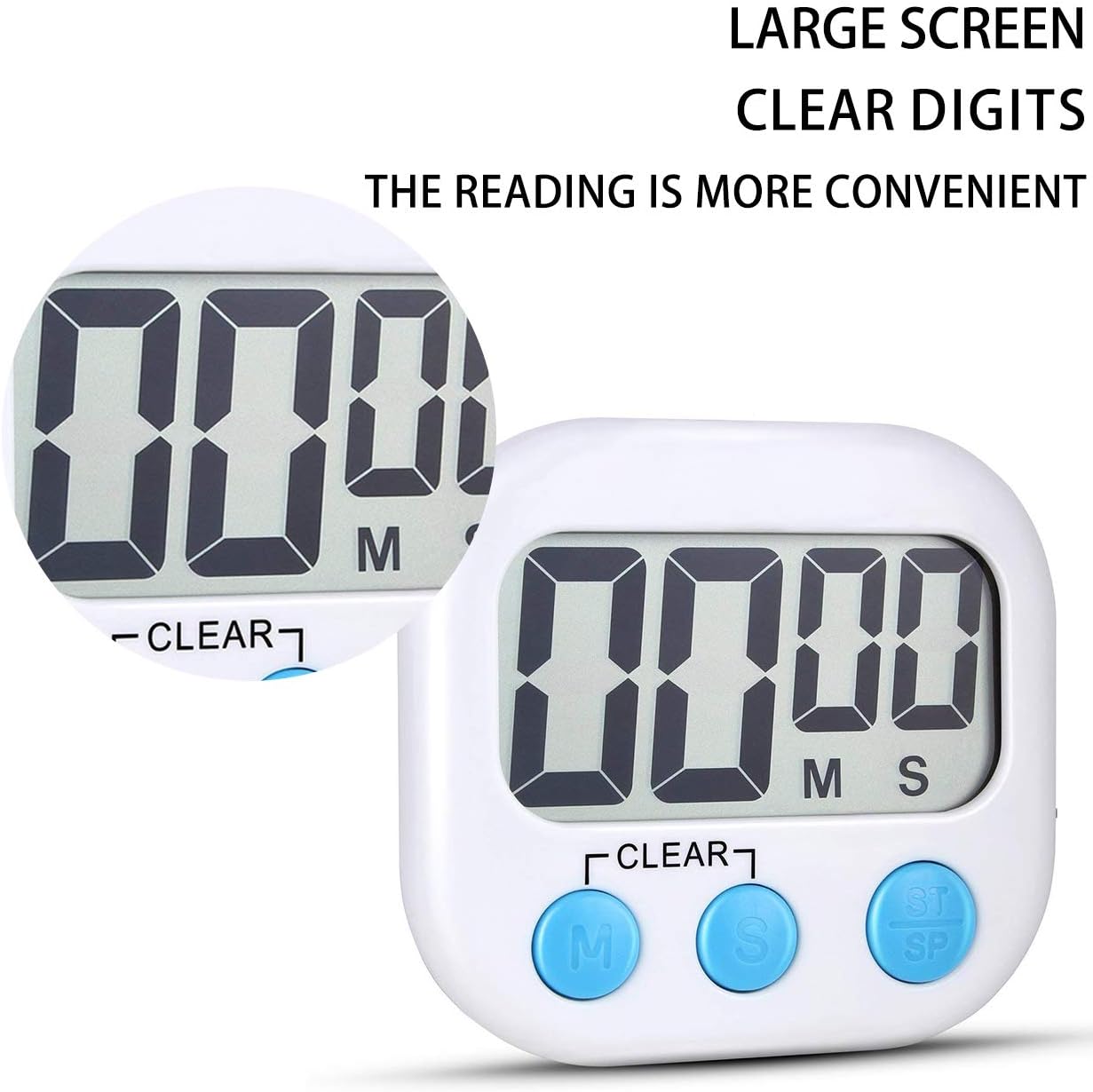 2 Pack Digital Kitchen Timer for Cooking Big Digits Loud Alarm Magnetic Backing Stand Cooking Timers for Baking White