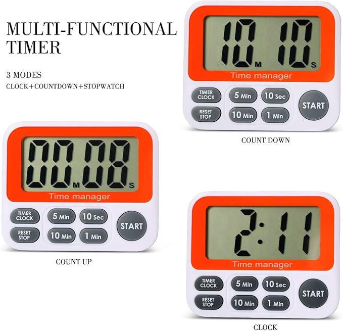 Digital Countdown Kitchen Timer - Count Up Down Magnetic Timer Clock with Loud Alarm Fast Setting for Cooking Baking Gym Students