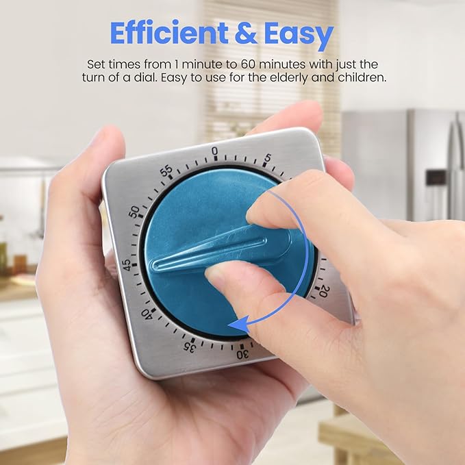 Kitchen Timers for Cooking, Chef Cooking Timer Clock with Loud Alarm,100% Mechanical Desk Timer - No Batteries Required -Magnetic Back, Exquisite Stainless Steel Body -Countdown Reminder Magnetic-Blue