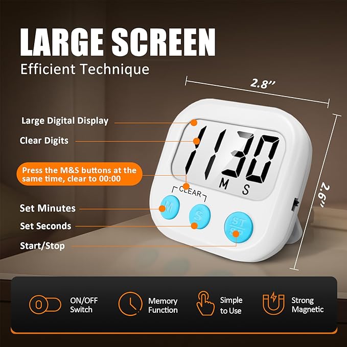 2 Pack Digital Kitchen Timer for Cooking Big Digits Loud Alarm Magnetic Backing Stand Cooking Timers for Baking White