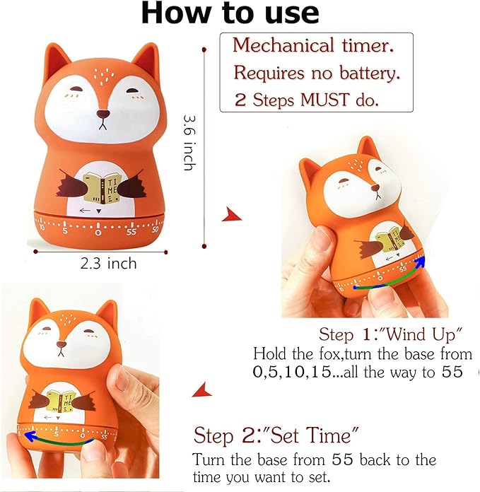 Mechanical Kitchen Timer, Cute Animal Wind Up 60 Minutes Manual Countdown for Kids, Classroom, Home, Study and Cooking (Orange Fox)