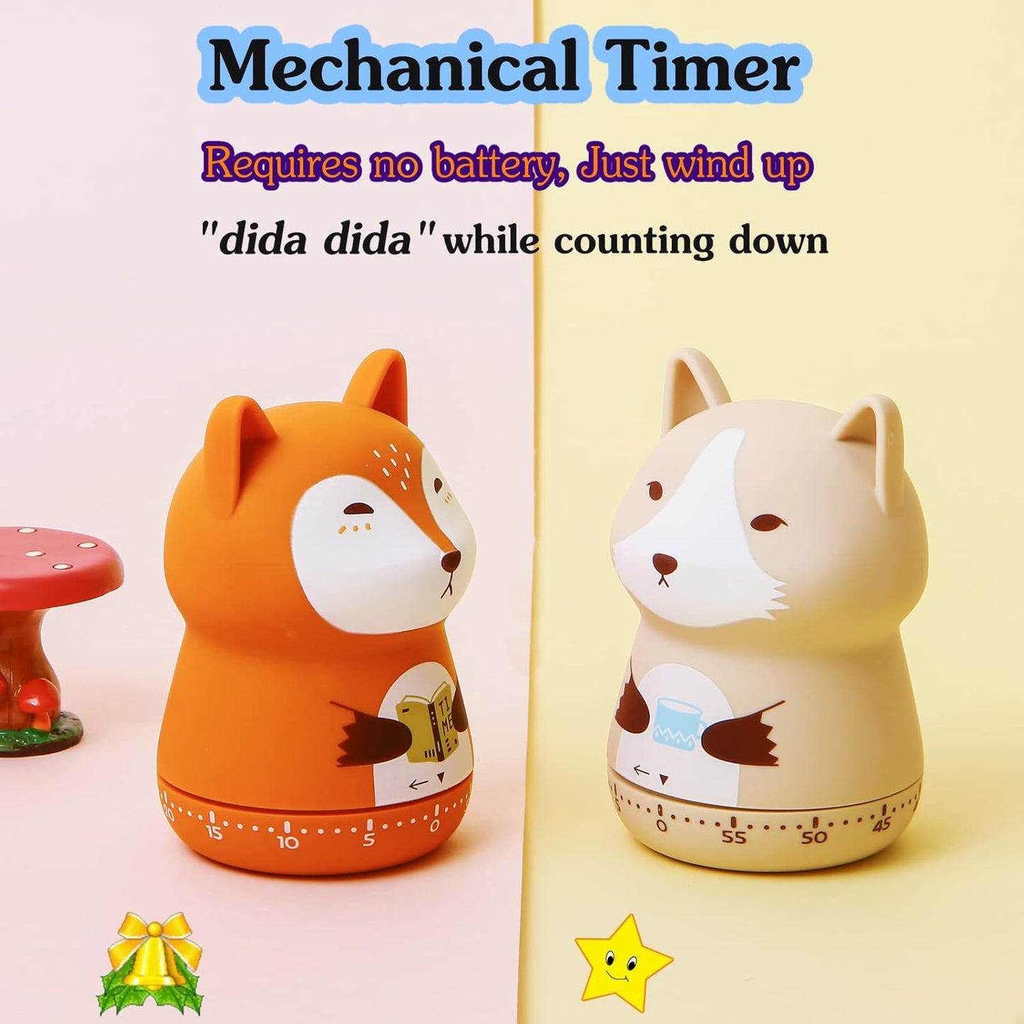 Mechanical Kitchen Timer, Cute Animal Wind Up 60 Minutes Manual Countdown for Kids, Classroom, Home, Study and Cooking (Orange Fox)