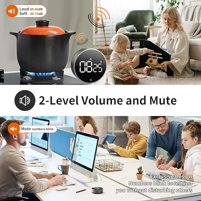 Digital Kitchen Timer - Magnetic Countdown Countup Timer with Large LED Display Volume Adjustable, Easy for Cooking and for Seniors and Kids to Use (Space Grey)