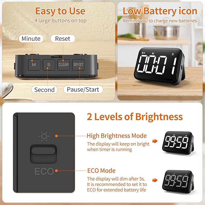 Magnetic Kitchen Timer for Cooking with Count Up Countdown, Digital Timer Battery Powered with Large Display, 2 Brightness and Volume Levels for Classroom, Teacher, Kids (Dark Black)