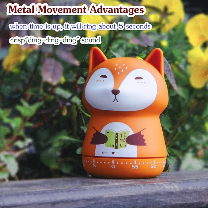 Mechanical Kitchen Timer, Cute Animal Wind Up 60 Minutes Manual Countdown for Kids, Classroom, Home, Study and Cooking (Orange Fox)