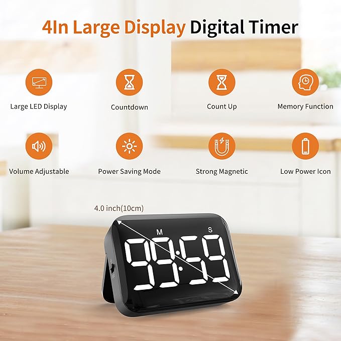 Magnetic Kitchen Timer for Cooking with Count Up Countdown, Digital Timer Battery Powered with Large Display, 2 Brightness and Volume Levels for Classroom, Teacher, Kids (Dark Black)