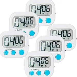 6 Pack Small Digital Kitchen Timer Magnetic Back and ON/Off Switch,Minute Second Count Up Countdown, White
