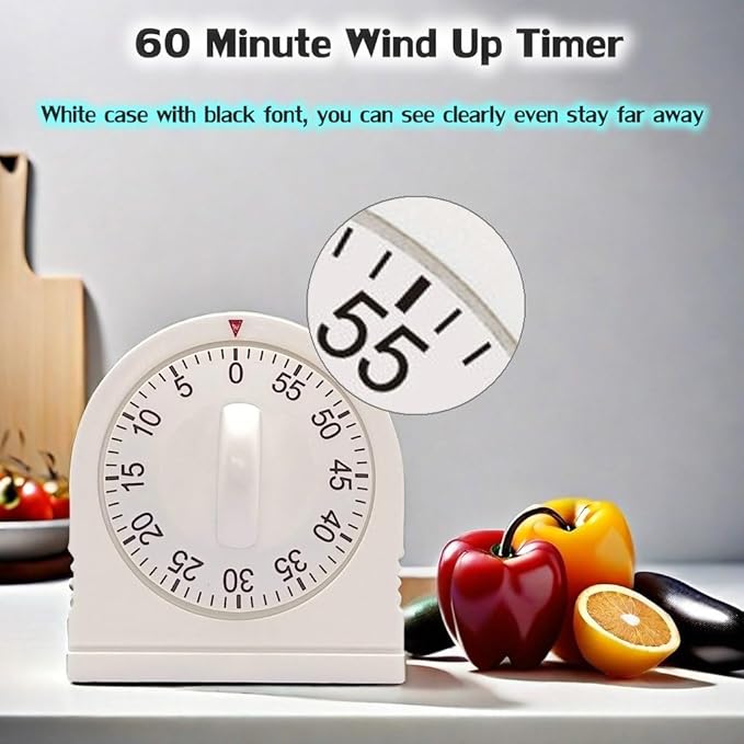 60 Minute Wind Up Timer, Visual Mechanical Timer with Loud Alarm, Manual Countdown Timers for Classroom, Home, Study and Cooking (White)