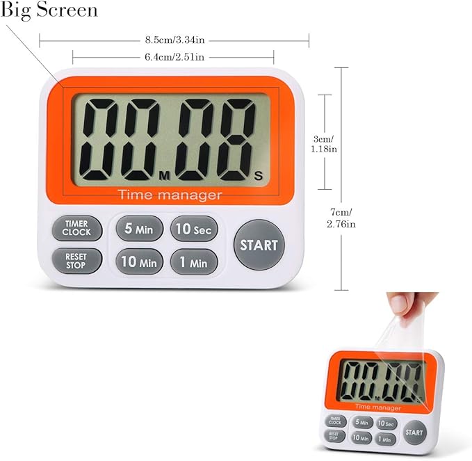 Digital Countdown Kitchen Timer -  Count Up Down Magnetic Timer Clock with Loud Alarm Fast Setting for Cooking Baking Gym Students