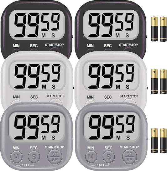 6-Pack Digital Kitchen Timer, 99-Min 59-Sec Countdown & Stopwatch, Loud 100dB Alarm, Strong Magnet, Power-Saving On/Off Switch, Time Memory, Classic Colors, Multiple Placements, Batteries Included